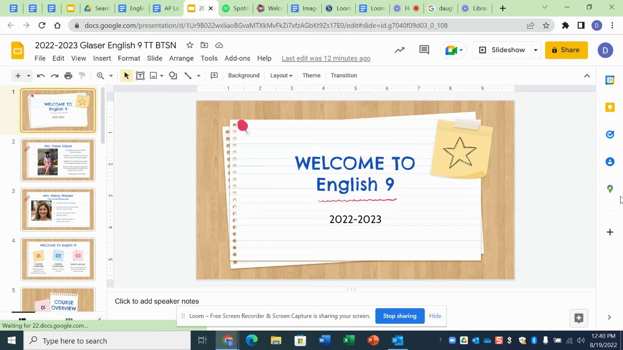 Preview of 2022-2023 Glaser English 9 TT BTSN