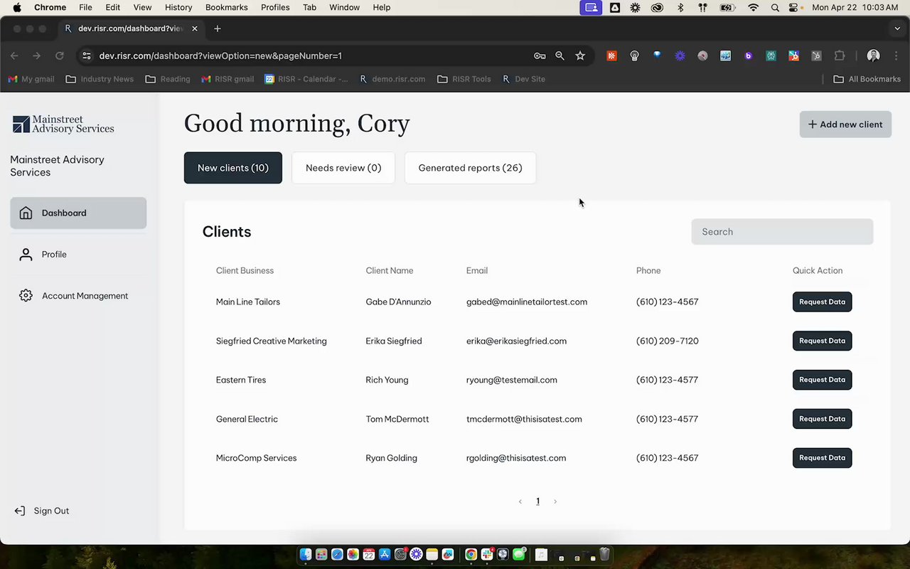 Preview of Entering Data for 1) your clients, and 2) a test client