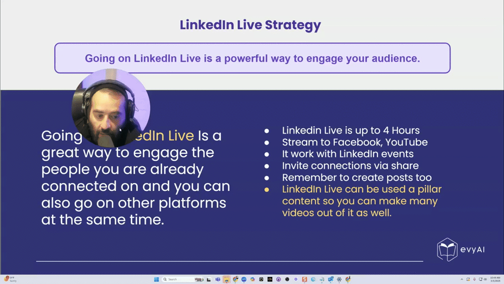 LinkedIn Live Strategy + Facebook + YouTube · AI for LinkedIn - evyAI.com