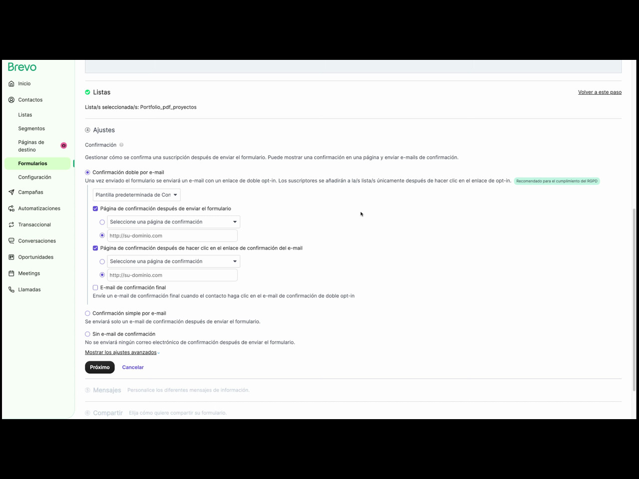 Cómo configurar las páginas de confirmación (double opt-in) en Brevo