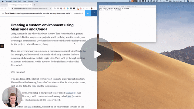 video walkthrough of downloading miniconda and using conda to create an environment