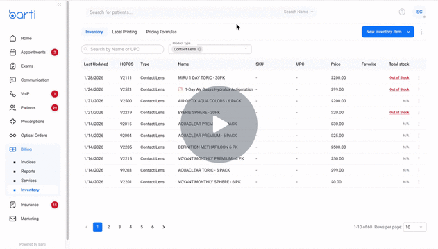 Ability to invoice contact lens orders