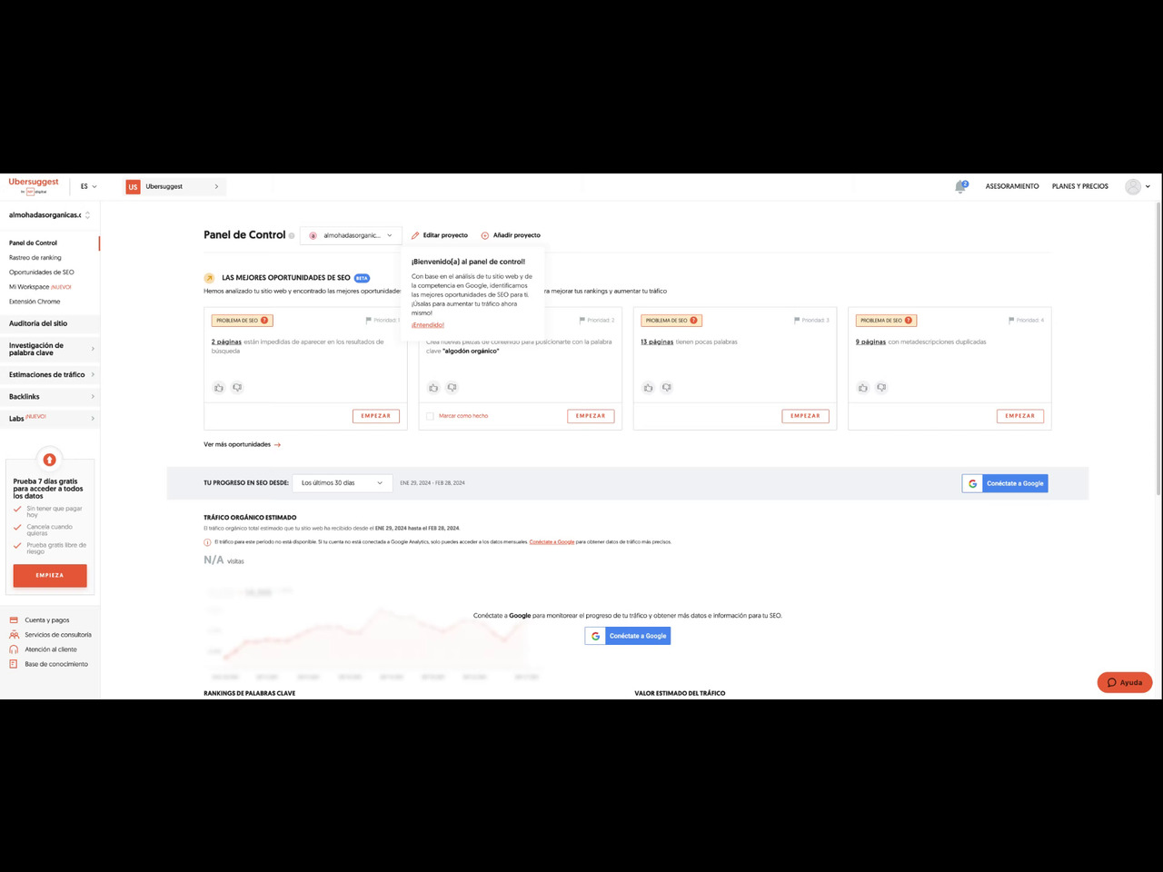 Auditoría inicial y oportunidades SEO con Ubersuggest
