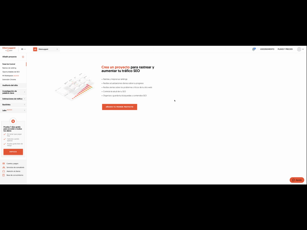 Cómo crear tu primer proyecto y monitorizar competidores en Ubersuggest