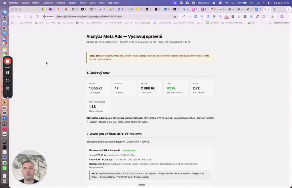 Video: ukázka AI analýzy Meta Ads v jednoduché verzi aplikace