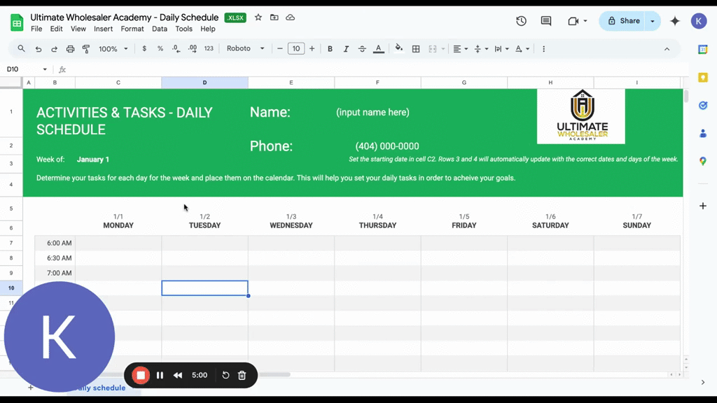 Timesheet: How to Make a Copy & Send a Direct Message to Will for the Link