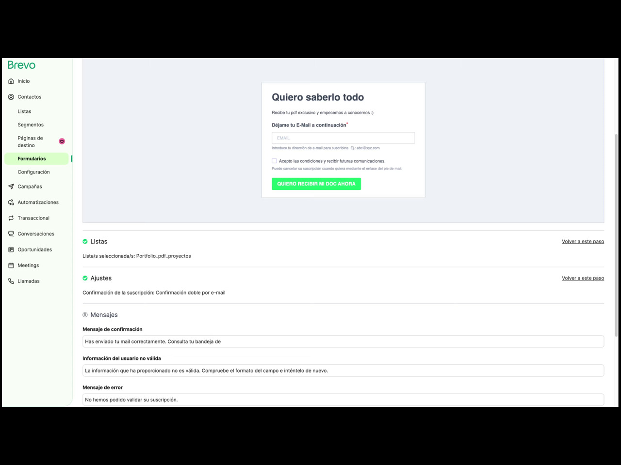 Formas de compartir un formulario de Brevo: enlace, iframe o HTML