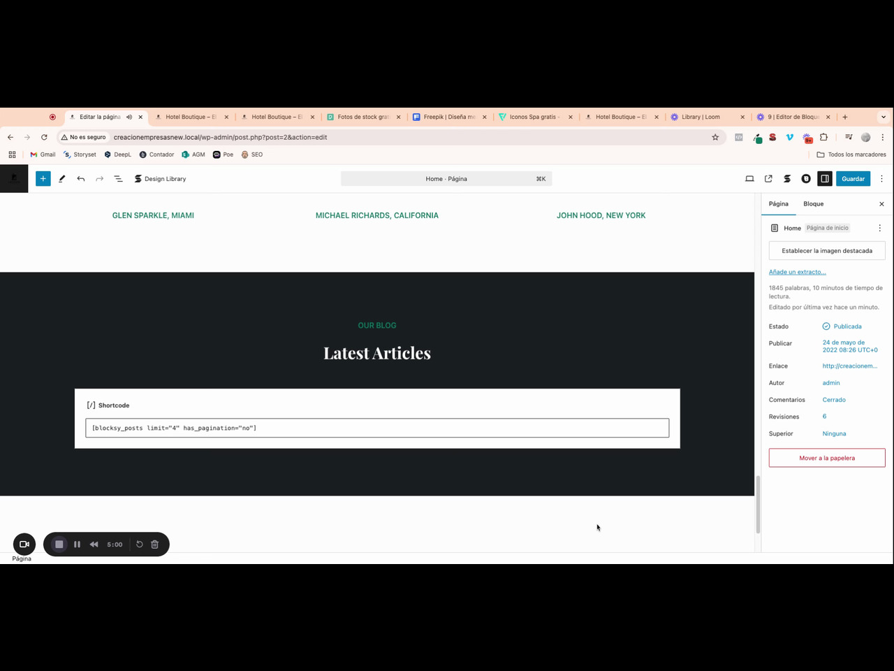 Artículos y equipo en la Home: edición con Gutenberg